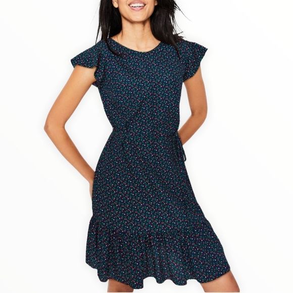 Boden Cynthia Dress Navy Cherry Picking Ruffle Trim Belted Dress size 4 - Picture 1 of 16